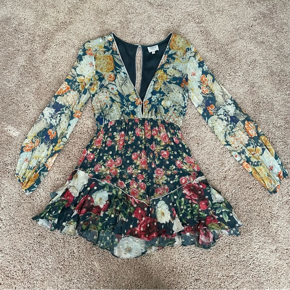 Hemant & Nandita Della Long Sleeve Mini Dress Green Floral Gold Size XS - Picture 5 of 11